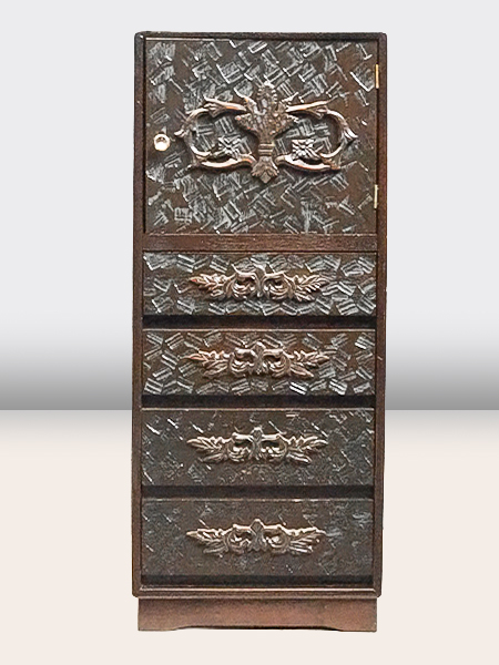 ぼて箱　アンティーク　骨董　 ぺんてる特許マーク入り 木彫戸棚付時代引出し箱 - アンティーク山本商店