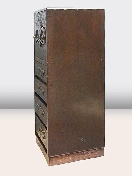 ぼて箱　アンティーク　骨董　 ぺんてる特許マーク入り 木彫戸棚付時代引出し箱 - アンティーク山本商店