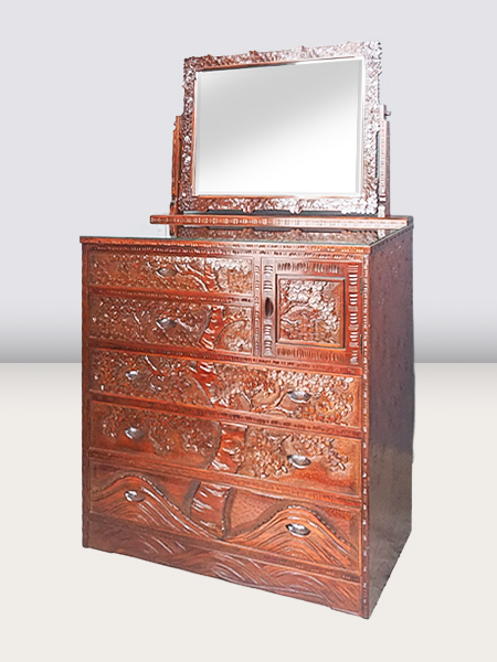 軽井沢彫桜材鏡付時代チェスト（硝子天板付） - アンティーク山本商店